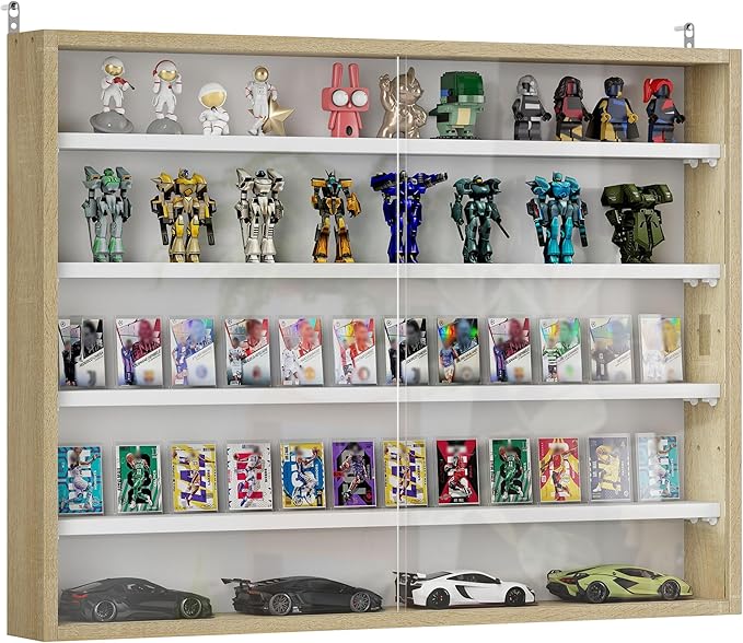 HOMCOM 5-Tier Display Cabinet, Glass Door Cabinet with Adjustable Shelves, Wall-Mounted Display Case for Playroom, Bedroom, Oak and White