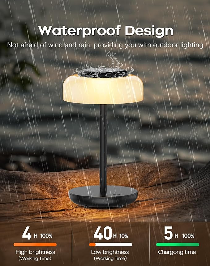 QiMH Battery Operated LED Table Lamp, 5000mAh Rechargeable Cordless Lamp Set of 2, Stepless Dimmable Touch Control, Small Waterproof Desk Night Light for Living Room, Bedroom, Outdoor Bar (Black)