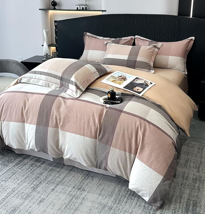 VM VOUGEMARKET Brushed Cotton Duvet Cover Set King,Brown Plaid Geometric Duvet Cover Matching 2 Pillow Shams,Soft Warm Cozy Bedding Set for Men Women