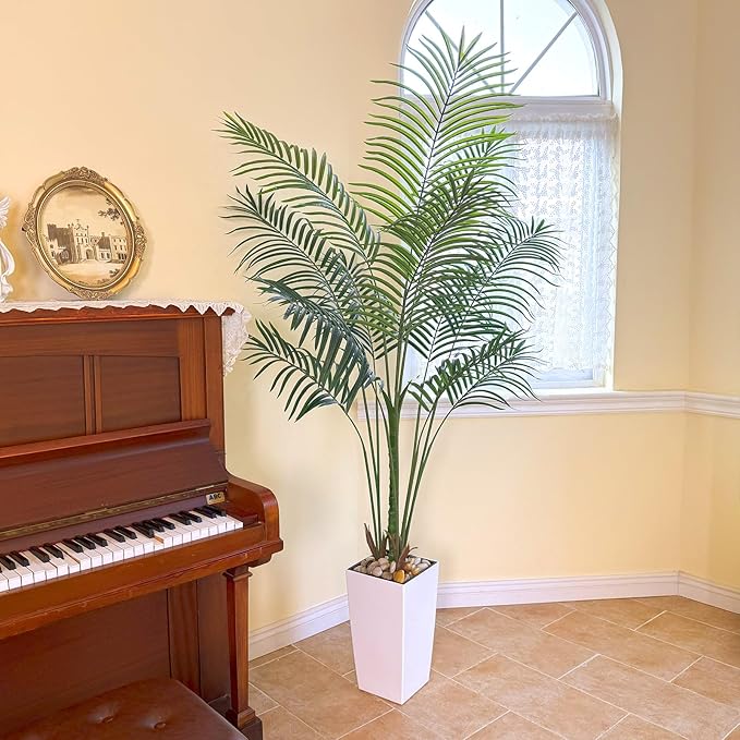 Bellacat UV Resistant 6ft Faux Palm Tree with Tall White Decorative Planter, 72in Artificial Palm Tree with Realistic Leaves & Branches, Fake Palm Tree for Home Office Porch Front Door Patio Decor.