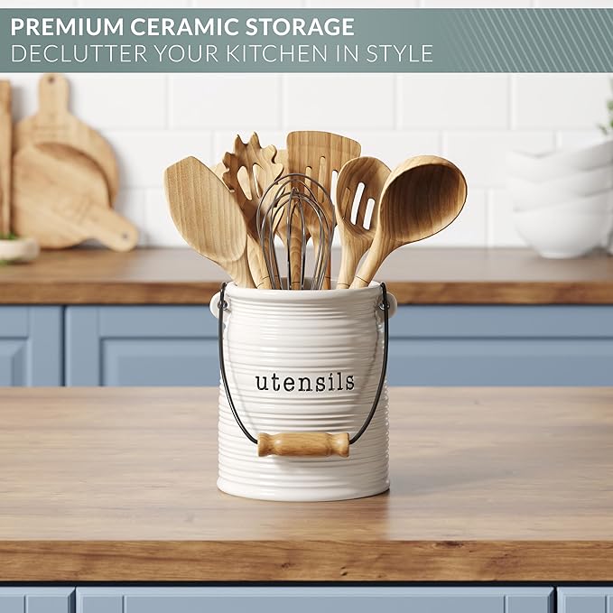 Barnyard Designs Ceramic Farmhouse Kitchen Utensil Holder for Countertop, Decorative Kitchen Utensil Crock for Counter, Spatula Holder, 6" White