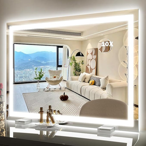 38"x28" Inch Large Lighted Vanity Mirror, 3-Color Lighting & Dimmable Modes, LED Makeup Mirror for Bathroom/Dressing Room (Wall/Tabletop Mount, White)