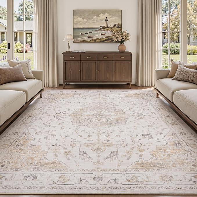 PADOOR-Vintage Area Rug 9X12 Rugs for Living Room-Soft Beige Rugs for Bedroom-Machine Washable Rug Non Slip Carpet-Rug for Dining Room Living Room Bedside Office