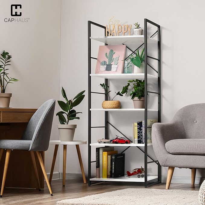 CAPHAUS 5 Tier Bookshelf, 24 Inch Width Free Standing Shelf, Bookcase Shelf Storage Organizer, Industrial Book Shelves for Home Office, Living Room, Kitchen, White Shelves & Metal Frame