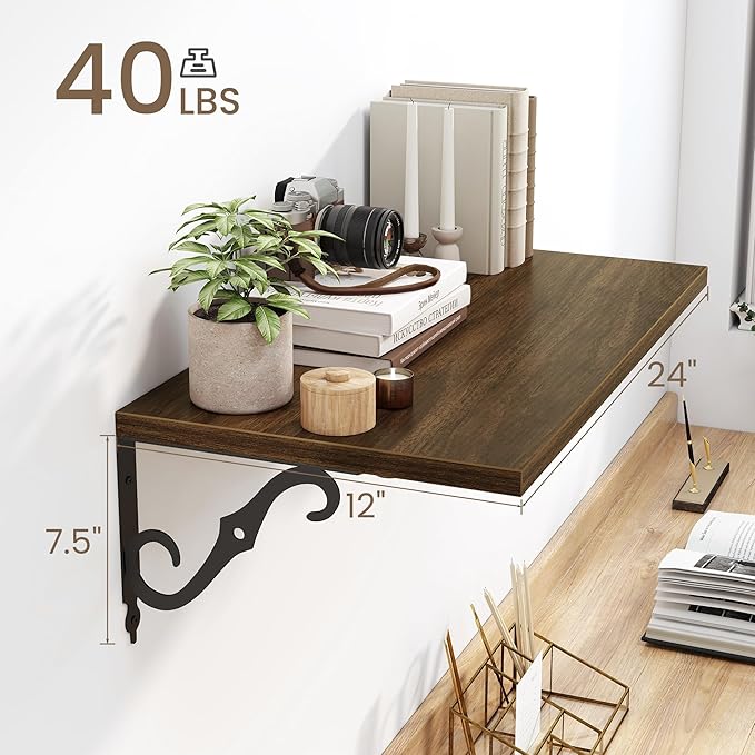 Floating Shelves for Wall, 24"W x 8"D Wall Shelves, 12 Inch Deep Floating Shelf with Bracket, 24 Inch Floating Shelves for Living Room and Bathroom, Display & Storage Shelves, Walnut, Set of 2