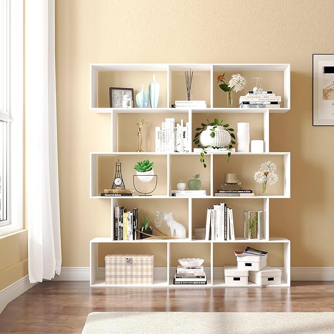 Yusong Bookshelf 5-Tier, Geometric Bookcase S Shaped Book Shelves for Bedroom, Modern Wood Decorative Display Shelf Book Case for Home Office, White