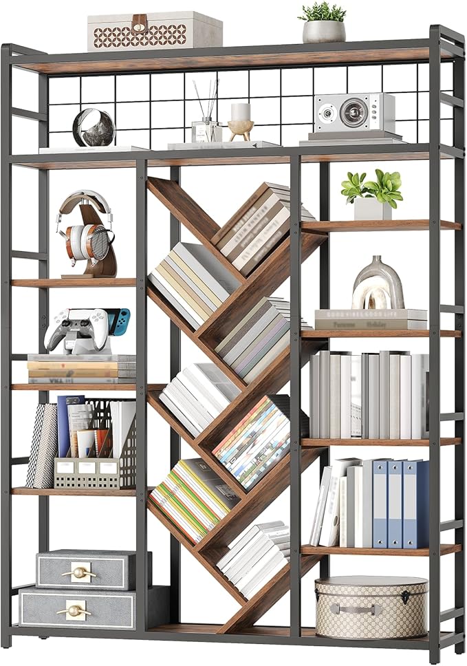 Triple 7-Tier Bookshelf, Industrial Large Bookcase with 20 Open Display Shelves, Modern Tree Bookcase with Metal Frame and Hanging Function for Living Room, Home Office, Rustic Brown and Black
