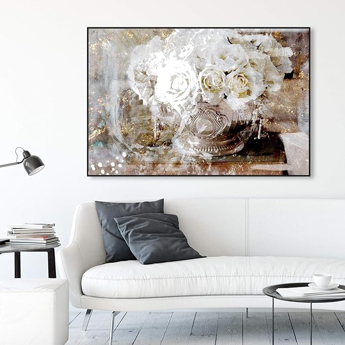 Floral and Botanical Framed Wall Art Canvas Prints 'Serving Roses' Florals, White, Gold, 54" x 36"