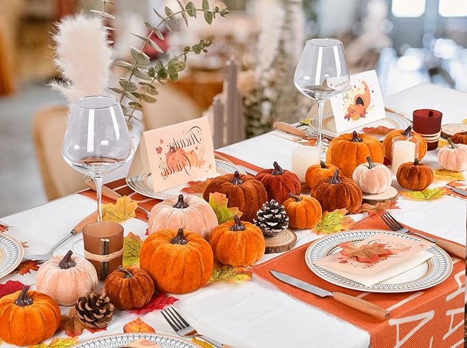 Lvydec Velvet Pumpkins Set Harvest Decoration, 12pcs Assorted Size Orange Cloth Pumpkins for Table Decoration Halloween Thanksgiving Autumn Festive Home Decor