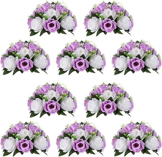 NUPTIO Flower Wedding Centrepieces for Tables - 10 Pcs 9.5in Diameter Lilac & White Artificial Flowers Rose Ball for Centerpieces Table - Fake Rose Arrangements for Weddings Birthday Party Decor