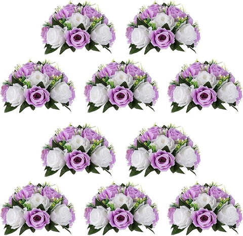 NUPTIO Flower Wedding Centrepieces for Tables - 10 Pcs 9.5in Diameter Lilac & White Artificial Flowers Rose Ball for Centerpieces Table - Fake Rose Arrangements for Weddings Birthday Party Decor