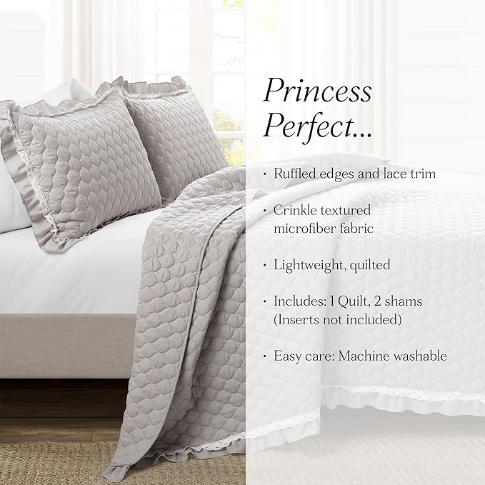 Lush Decor Ella Ruffle Lace Quilt, 3 Piece Set, Full/Queen, Light Gray - Cute Comforter - Queen Bedding Set - Gray Bedding Full Size - Coquette Decor - Ruffle Trim - Lace Trim