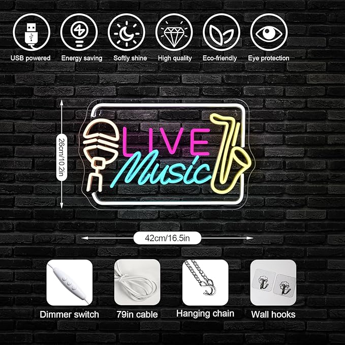 Horseneon Live Music Neon Sign Bright LED Wall Decoration for Music Venues, Bars, Clubs or Homes, USB Power Adjustable Brightness, Classic Song Theme Decoration