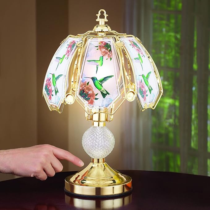 Collections Etc Touch Base Hummingbird Lamp with Gold-Tone Base and Colored Glass Panels, Tabletop Decorative Accent for Any Room in Home