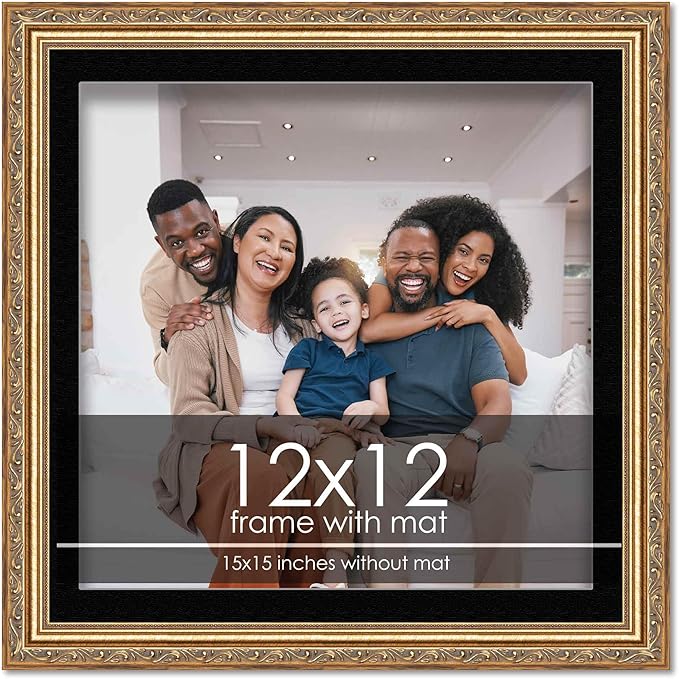 12x12 Frame with Mat - Antique Gold 15x15 Frame Wood Made to Display Print or Poster Measuring 12 x 12 Inches with Black Photo Mat