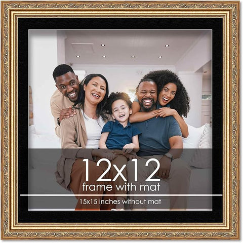 12x12 Frame with Mat - Antique Gold 15x15 Frame Wood Made to Display Print or Poster Measuring 12 x 12 Inches with Black Photo Mat