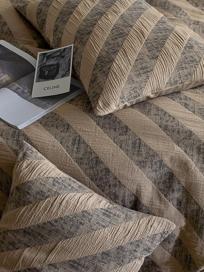VM VOUGEMARKET Striped Bedding Duvet Cover King,3 Pieces Grey Khaki Diagonal Stripes Duvet Cover Sets,Linen Cotton Modern Simple Jacquard Comforter Cover with Zipper Ties