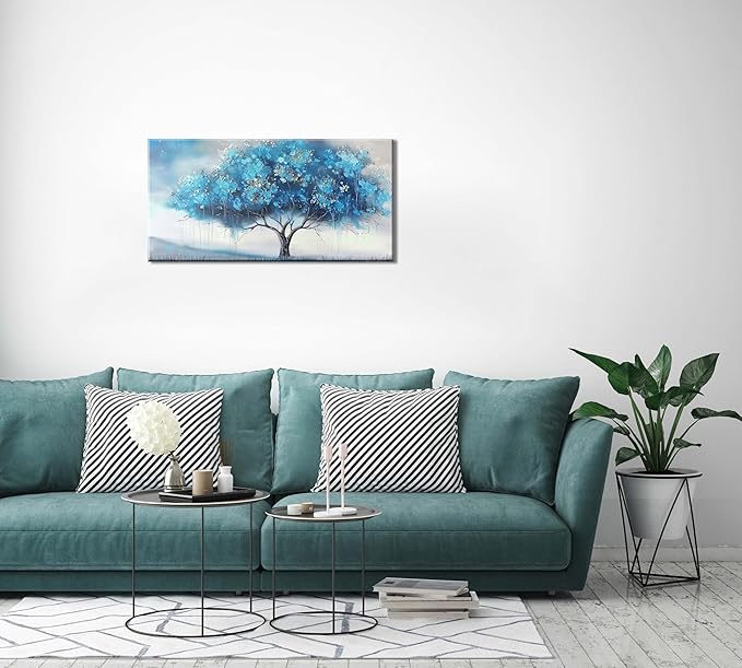 Blue Tree and White Petals Flowers Plants Wall Art Decor Artwork for Bedroom (20x40 Inches)