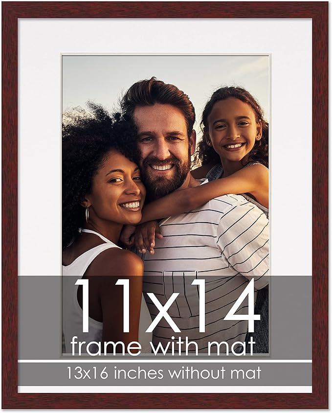 11x14 Frame with Mat - Brown 13x16 Frame Wood Made to Display Print or Poster Measuring 11 x 14 Inches with White Photo Mat