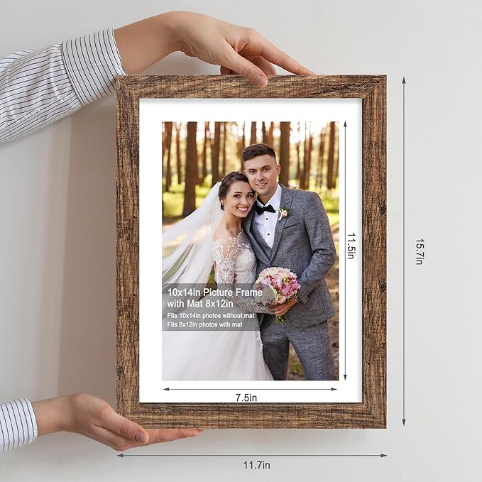 10x14 Picture Frame Set of 2, Made of Glass and Rustic Brown Wooden Frame, Display 8x12 Pictures with Mat or 30 x 40cm Diamond Painting Art without Mat for Wall Mounting, Gallery Photo Frames