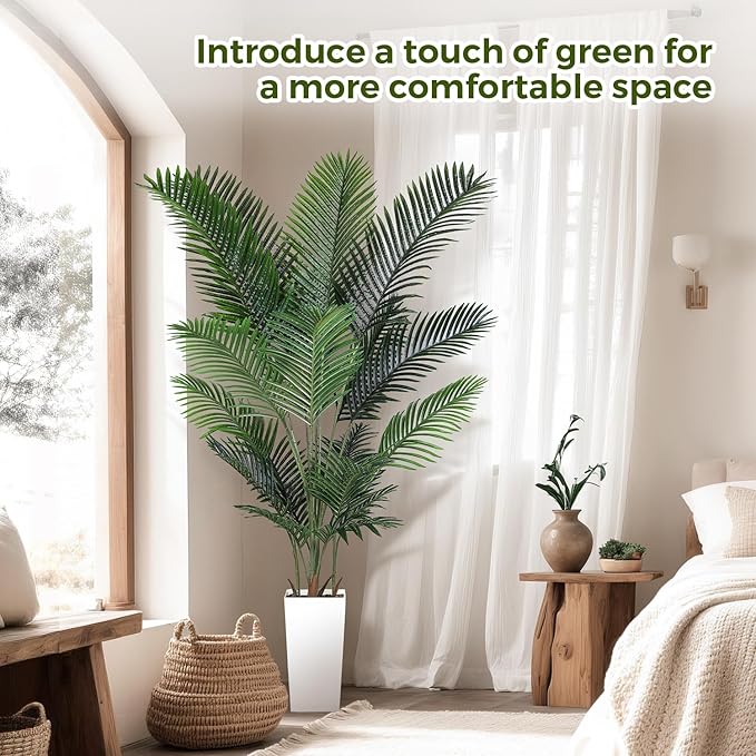 Artificial Areca Palm Tree 7FT Fake Potted Plant Faux Silk Tropical Areca Palm Real Bark Design, Large Artificial Plant in Tall White Pot for Home Living Room House Warming Floor Decor