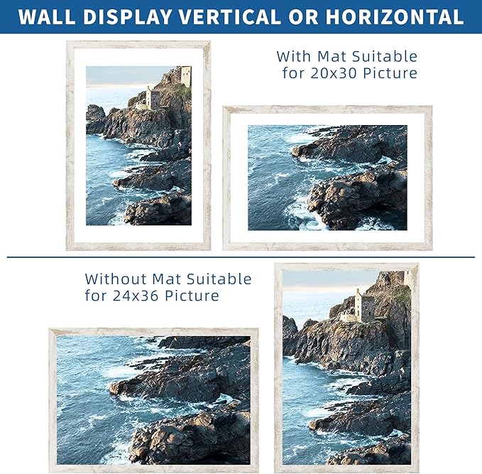 24x36 Poster Frame Set of 2, Distressed White Wood Style - Display 24 x 36 Poster without Mat or 20x30 Picture with Mat, Wall Mounting Horizontal and Vertical