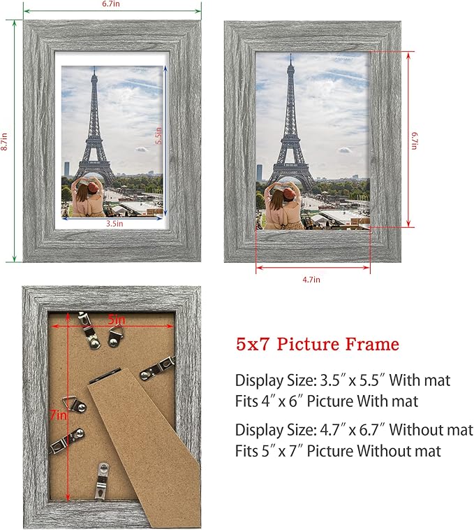 5x7 Picture Frame Set of 2, Made of Real Glass and Rustic Grey Wooden Frame - Display Pictures 4x6 with Mat or 5x7 Without Mat, 5 by 7 Photo Frame for Wall or Tabletop Display