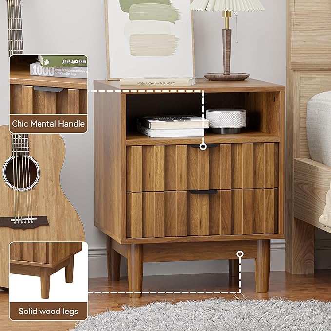 Fluted Nightstand with 2 Drawers, 19" Wide Night Stand with Solid Wood Legs, Open Storage Shelf, Mid Century Modern Wooden Bedside Table for Bedroom, Bed End Side Table, Walnut