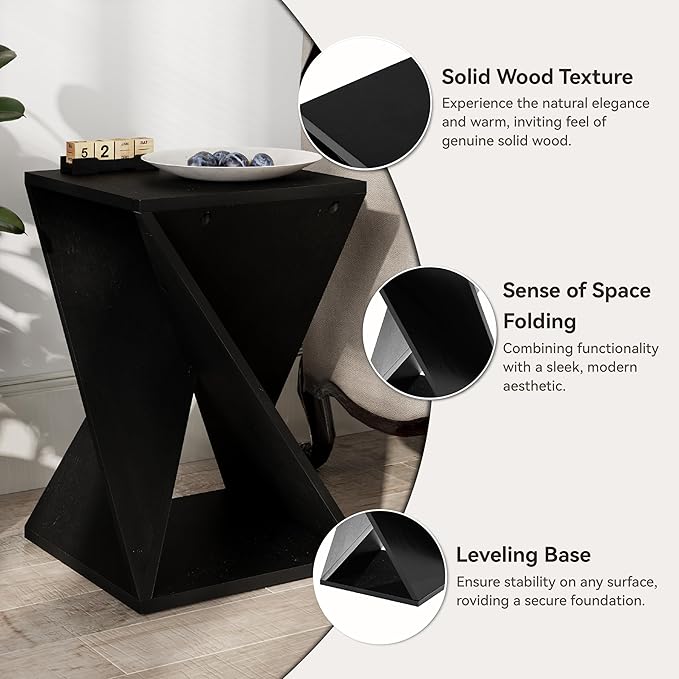 Farmhouse End Table Square Solid Wood Pedestal Side Table Rustic Plant Stand with Twisted Design for Living Room, Bedroom, Office, Black