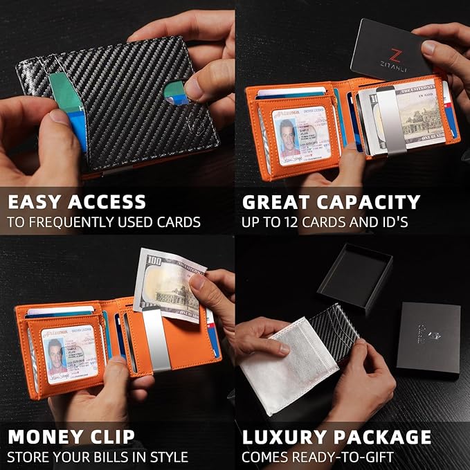 Zitahli Slim Wallet for Men Gifts 12 Card Slots ID Window With Money Clip Minimalist RFID Front Pocket Bifold Leather Small Thin Gift Box Dad Birthday Christmas Regalos Hombres