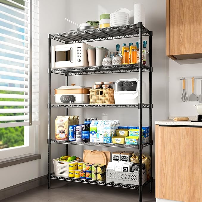 45" W Storage Shelves 5 Tier Wire Shelving with Shelf Liners, Adjustable Metal Garage Shelving, 1875LBS Heavy Duty Commercial Storage Rack for Pantry Kitchen, 45" W x 16" D x 72" H, Black