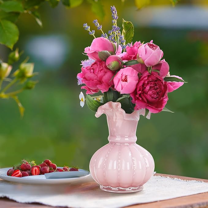 Joeyan Handmade Pink Glass Flower Vase,7.9" Vintage Decorative Urn Vase for Centrepieces Bouquet Wedding,Colored Thickened Pedestal Decorations for Rustic Home Living Room Office Farmhouse