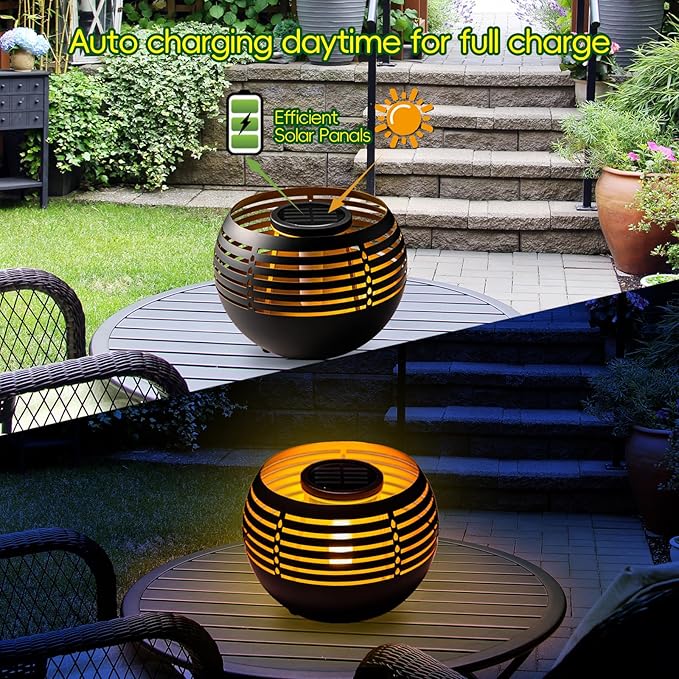 MAYSAK Solar Lantern Table Lamps with Amber Twinkling Glow, Waterproof Metal Landscape Fixture Dusk to Dawn for Outdoor Garden Tables, Balcony, Walkways, Bar Tabletop Create Romantic Ambiance