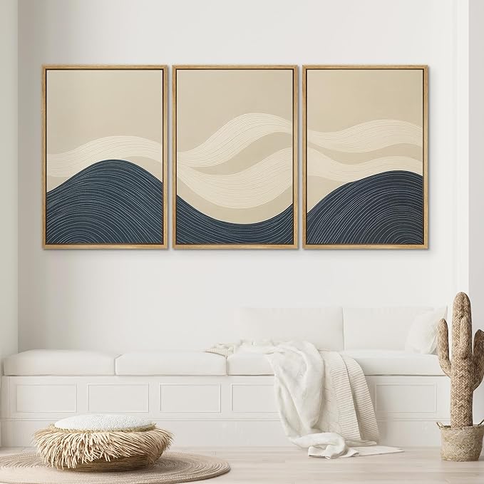 SIGNWIN Framed Wall Art Print Set Minimalist Blue and Beige Wave Modern Abstract Photography Modern Art Minimalist Closeup Dramatic for Living Room, Bedroom, Offic - 24"x36"x3 NATURAL
