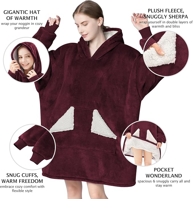 Touchat Wearable Blanket Hoodie, Oversized Sherpa Blanket Sweatshirt with Hood Pocket and Sleeves, Super Soft Warm Comfy Plush Hooded Blanket for Adult Women Men, One Size Fits All (Wine)
