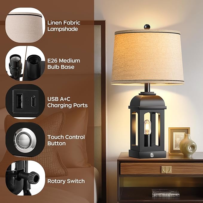 QiMH Table Lamp for Living Room, Farmhouse Lamps with USB A+C and Nightlight, 26" Rustic Bedside Lamps with 3-Way Dimmable Touch Control, Nightstand Lamp for Bedroom, Black, 1 Pack