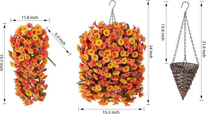 Artificial Fall Hanging Flowers Plants with Baskets for Outdoor Decoration,Fake Faux Silk Morning Glroy Flowers Arrangement Planter for Home Indoor Outside Porch Patio Decor
