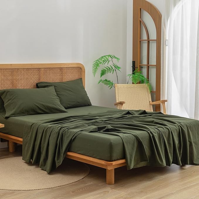 BESTOUCH Sheet Set 100% Washed Cotton Linen Feel Super Soft Comfortable Chic Lightweight 3 Pcs Home Bedding Set Solid Olive Green Twin