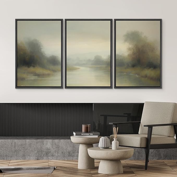 SIGNWIN Framed Wall Art Print Set Misty River Landscape Soft Neutral Nature Scene Photography Modern Art Closeup Relax/Calm Dark for Living Room, Bedroom, Office - 16"x24"x3 Black