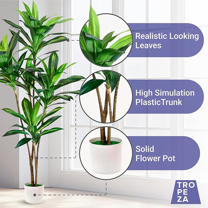 Tall Fake Dracaena Plant, 5 Foot Height | Realistic Artificial Tree for Modern Home & Office Decor | Maintenance-Free Indoor Faux Plant