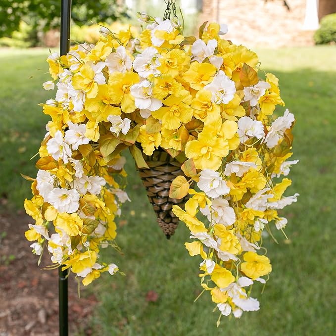 Artificial Fake Fall Hanging Flowers Plants Baskets for Outdoor Decoration, 5Pcs Faux Silk Hibiscus Long Vines in Planter UV Resistant Realistic Flower for Outside Home Porch Patio Garden