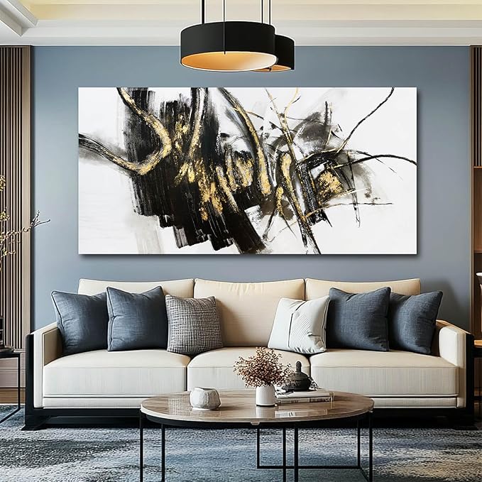 WINKAILIN Black Line Art Abstract Pictures Wall Decor for Dining Room Modern Artwork Grunge Posters for Room 29"x 58" Neutral Wall Art for Bedroom Office