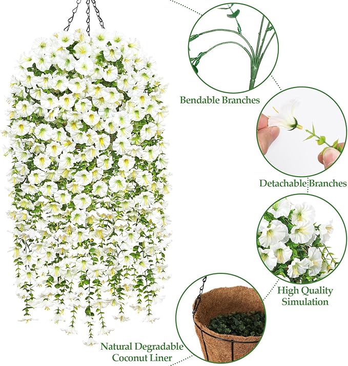 TOCHGREEN Artificial Faux Hanging Flowers Plants Basket for Spring Summer Outdoor Decor,2PCS Fake Silk Morning Glory Vines in Planter UV Resistant for Home Porch Balcony Yard (White)