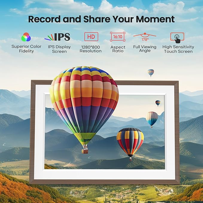 Frameo 10.1" Digital Picture Frame, Smart WiFi Digital Photo Frame with 1280x800 HD IPS Touch Screen 32GB Memory Auto-Rotate Wall Mounted, Share Photos/Videos Remotely(Brown Wood&White)