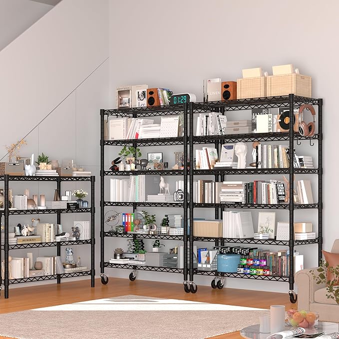 PrimeZone 2 Pack 6 Tier Wire Shelving with Wheels,Metal Shelf Heavy Duty Adjustable Kitchen Storage Shelves Unit,Pantry Organizer Rack Rolling for Garage Closet Laundry 36''W x 18''D x 78''H