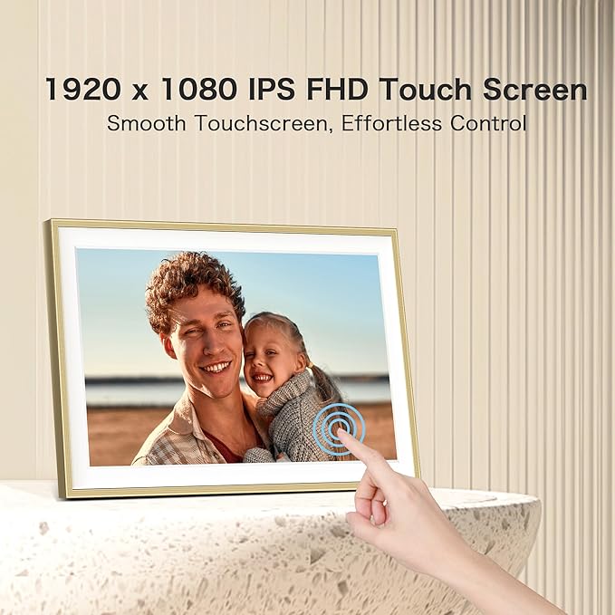 Digital Picture Frame, 15.6 inch Large Digital Photo Frame WiFi, 32GB Capacity, 1920 * 1080 IPS FHD Touch Screen, Electronic Frame Slideshow, Tabletop&Wall-Mounted, Gifts for Mom, Women, Golden