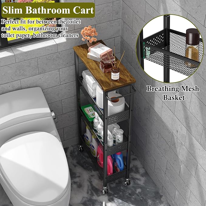 Utility Slim Storage Cart, 4 Tier Small Rolling Kitchen Laundry Room Cart with Wood Top, Metal Narrow Bathroom Storage Cabinet Mobile Shelf Unit Organizer Trolley with Handle for Narrow Space