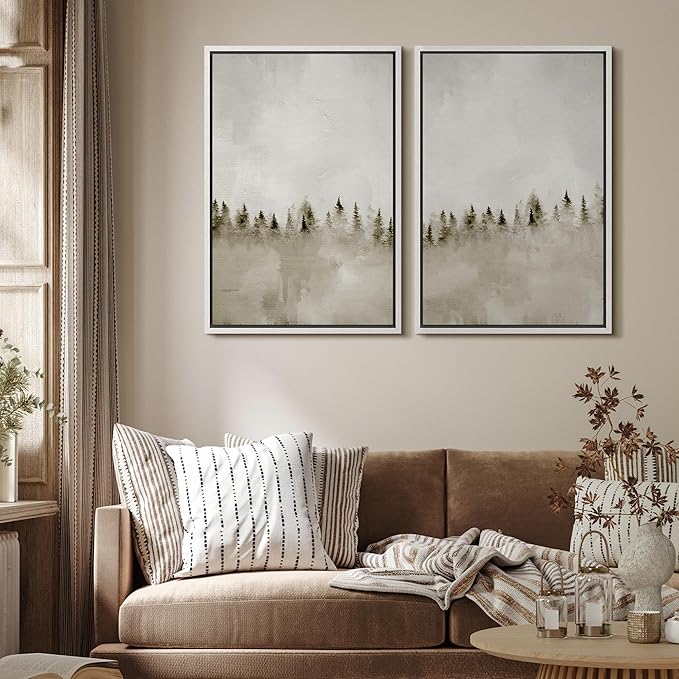 MUDECOR Framed Canvas Print Wall Art Set Misty Pines Serene Forest Landscape Illustrations Modern Art Decorative Bohemian Calm/Zen for Living Room, Bedroom, Office - 24"x36"x2 White