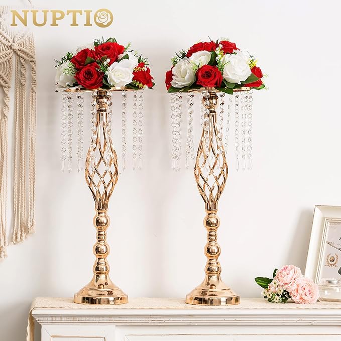 NUPTIO Pcs of 2 Fake Flower Ball Arrangement Bouquet,15 Heads Plastic Roses with Base, Suitable for Our Store's Wedding Centerpiece Flower Rack for Parties Valentine's Day Home Décor (Red & White)