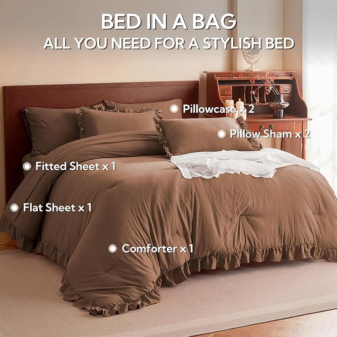 MR&HM Full Ruffle Comforter Set Mocha Mousse, Farmhouse Shabby Chic Bedding Set, Boho Bed in a Bag Set 7 Pieces with 1 Comforter, 1 Flat Sheet, 1 Fitted Sheet, 2 Pillowcases & 2 Pillow Shams